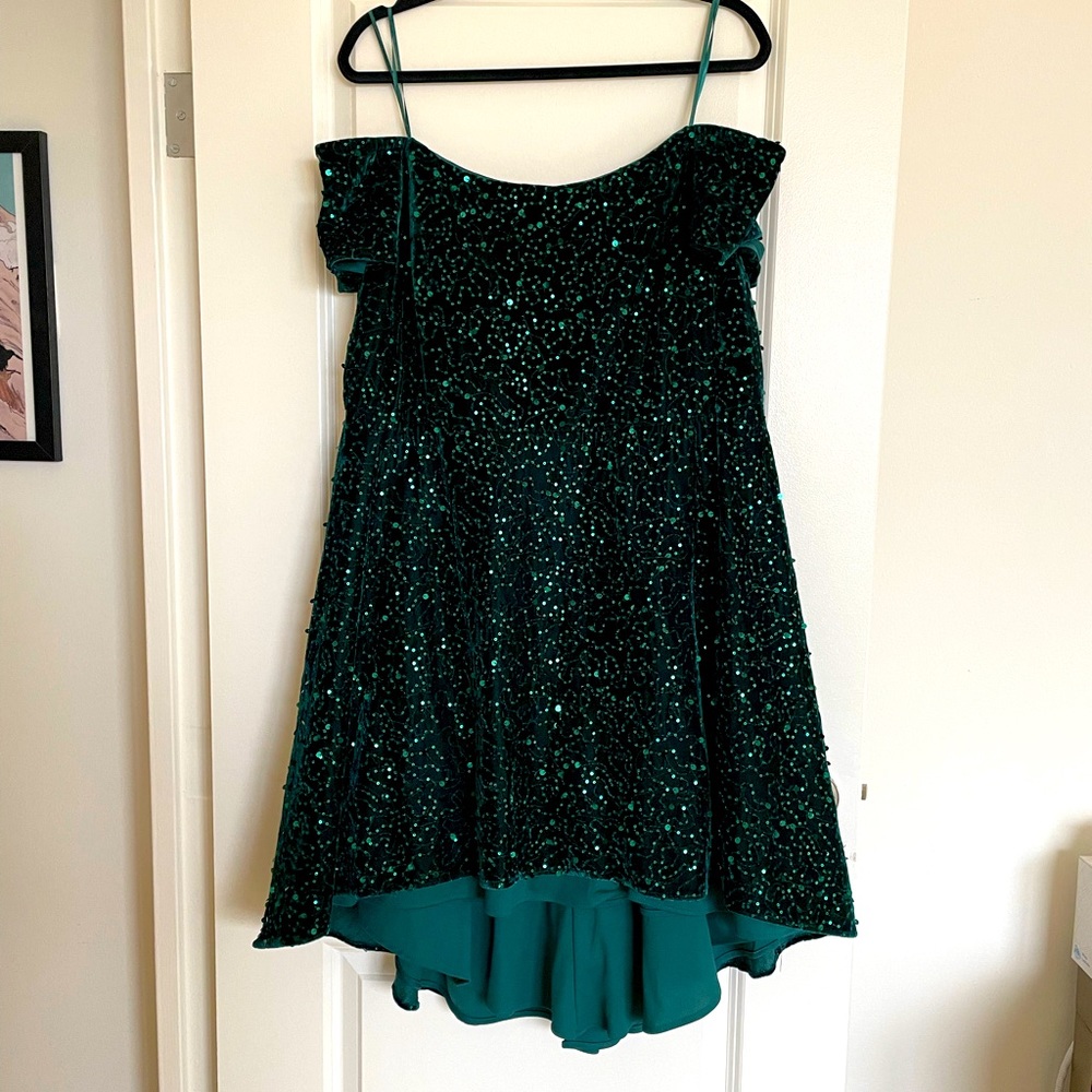Green Velvet Sequin Off-The-Shoulder Dress